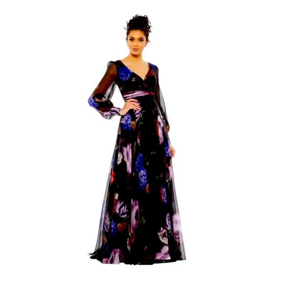 Mac Duggal NEW Sz 6 67872 Black Floral Chiffon Bishop Sleeve Floral Print Dress - Picture 1 of 9